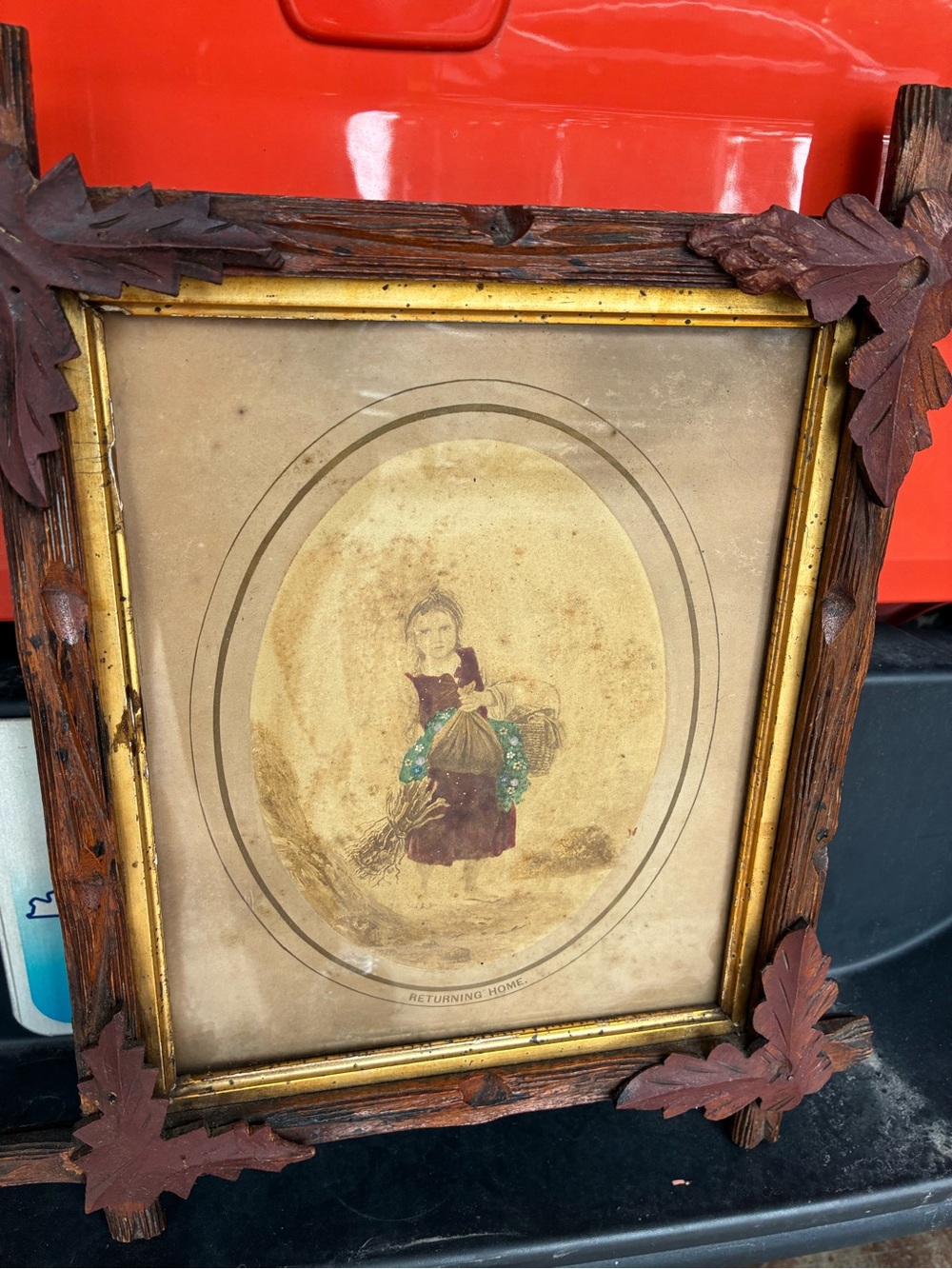 Vintage Framed Illustration "Returning Home" - Brown Wood Frame
